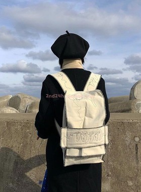 2nd24h王菲韩国直邮帆布手工个性脸宽双肩带帆布背包jaeyoononaka