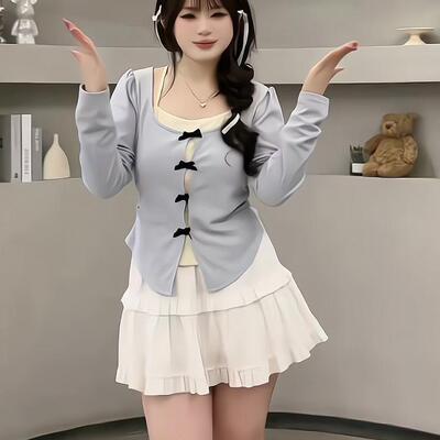 大码女装蝴蝶结减龄小众洋气U领假两件修身微胖mmT恤打底衫上衣潮