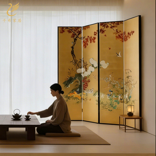 宋代美学手绘工笔漆画屏风金箔民宿酒店茶室客厅餐厅中式折叠背景