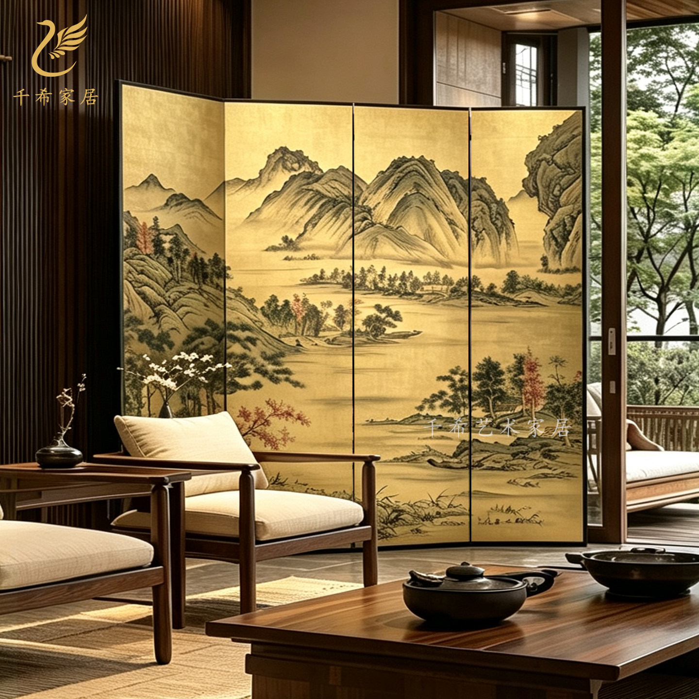 中国风中式山水金箔屏风茶室酒店