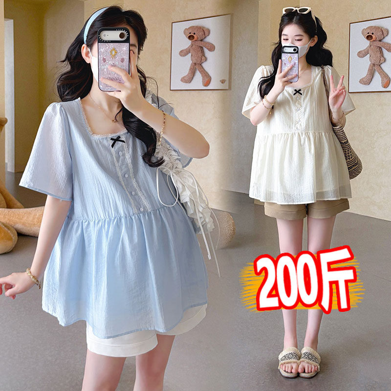 大码孕妇衬衫夏季新款甜美蝴蝶结娃娃衫上衣+托腹短裤两件套200斤