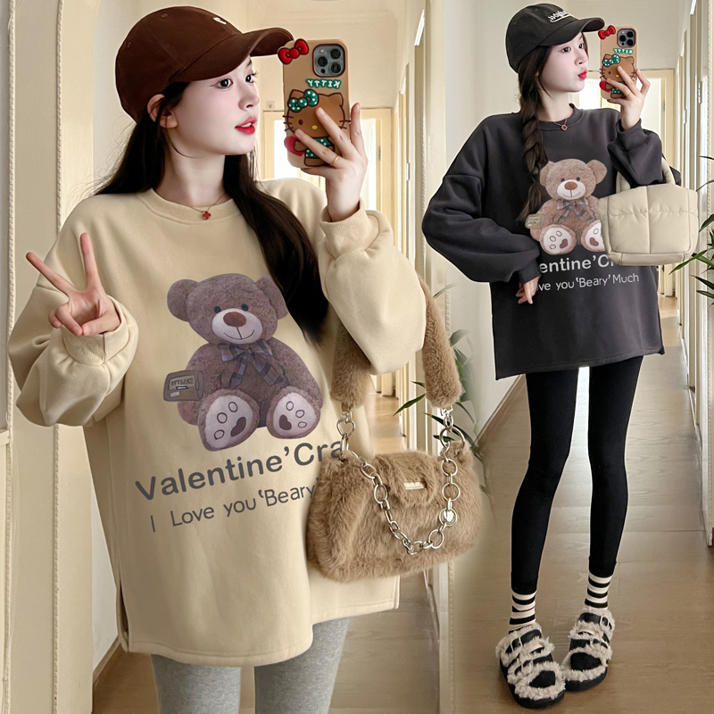 大码孕妇秋冬加绒长袖卫衣女中长款春秋外穿小熊印花上衣200斤潮