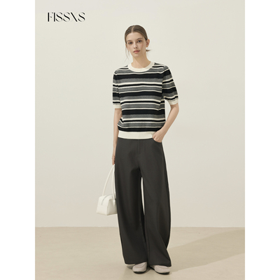 FISSXS 早秋新品老钱风条纹撞色圆领针织半袖百搭修身显瘦上衣女