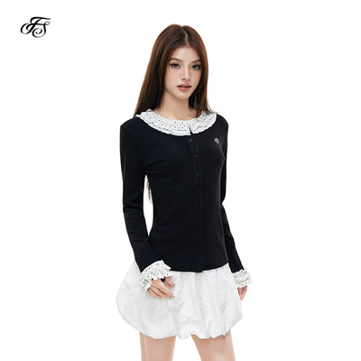 FISSXS 修身显瘦波点拼接刺绣针织小衫长袖女短款休闲上衣开衫