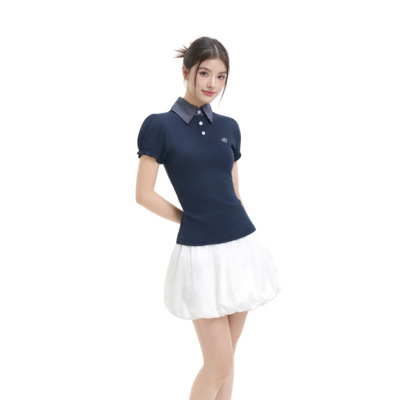 FISSXS 显瘦翻领泡泡袖上衣修身POLO衫短袖打底假两件T恤女