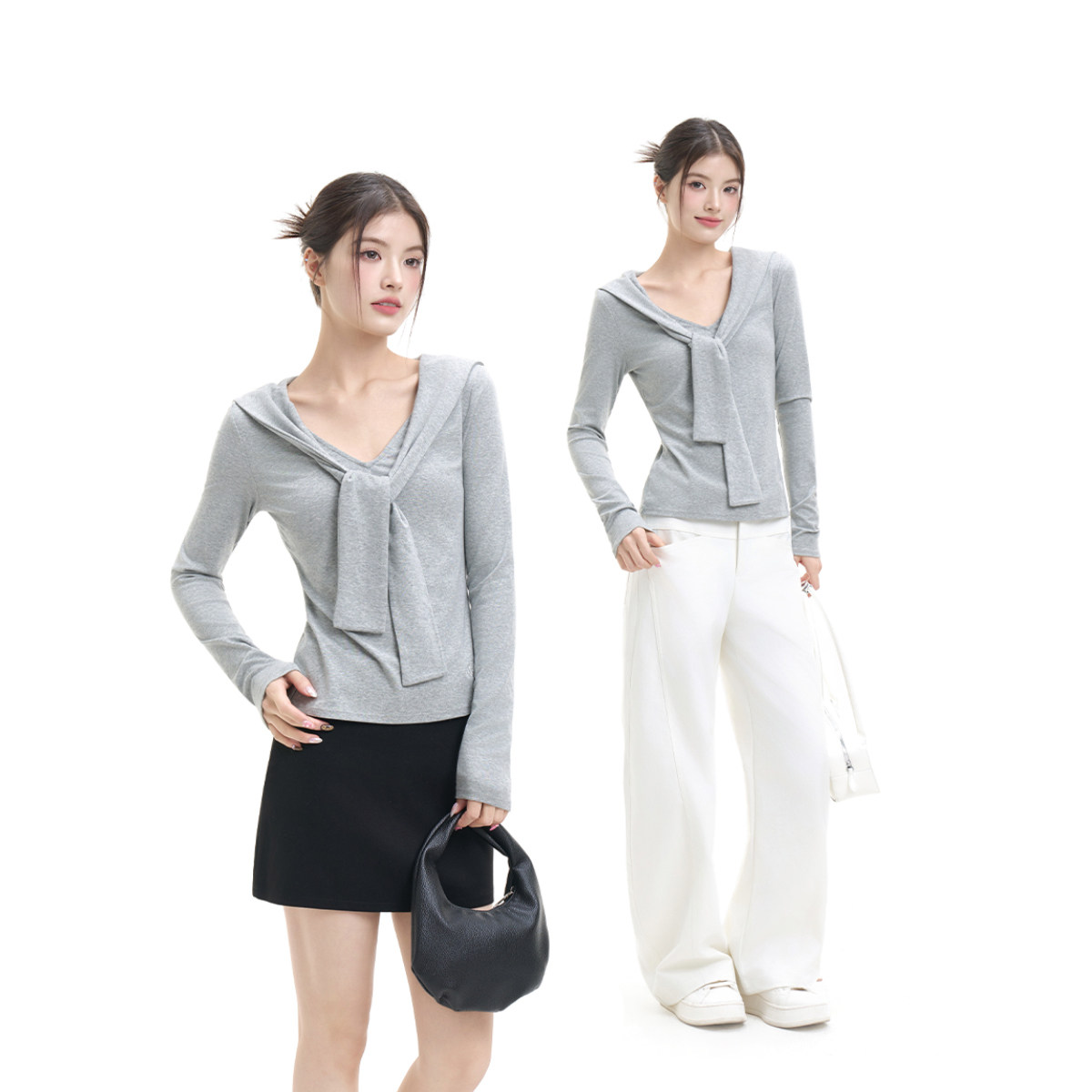 FISSXS 春季新款设计感系带V领修身T恤百搭打底衫女装修身显瘦