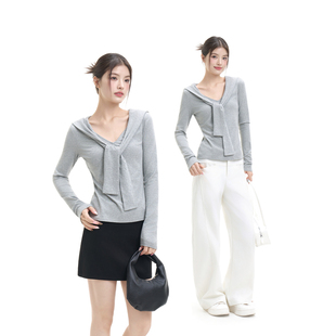 设计感系带V领修身 新款 T恤百搭打底衫 女装 显瘦 FISSXS 修身 春季