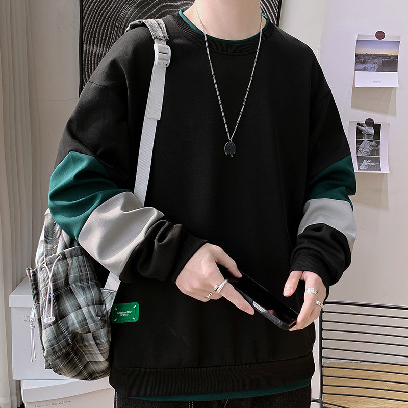 日系青少年拼接贴标宽松假两件开叉卫衣Y6696P35,男装卫衣,星座914