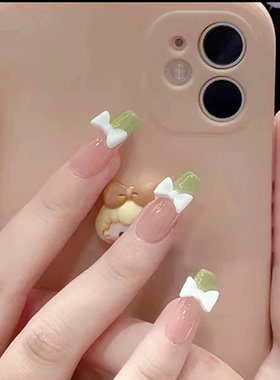 美甲穿戴甲清新绿色蝴蝶结美甲贴片学生小孩中长短款穿戴式手指甲