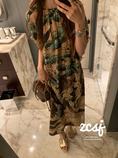 25新款 连衣裙女 新中式 国风复古丛林真丝双绉复古印花落肩宽松长款