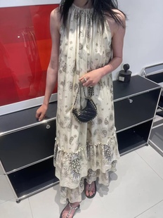 24夏季 度假连衣裙双层荷叶边裙女 新款 高品质丝绵挂脖裙印花无袖