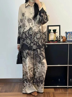 25春夏休闲长袖 型衬衫 轻奢高定 宽松版 系带束腰阔腿长裤 真丝套装