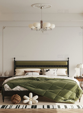 法式复古绿色软靠实木床双人1.8米现代简约软包床主卧床奶油风床