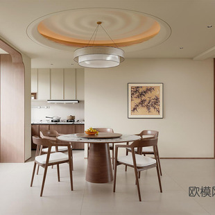 新中式宋式美学岩板餐桌圆形旋转饭桌别墅小户型高档家用实木圆桌