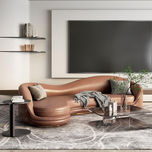 美拉德风轻奢弧形沙发皮艺沙发别墅客厅酒店软包沙发意式极简沙发