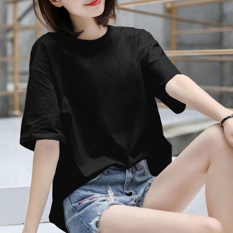 100%纯棉t恤女短袖纯色夏季新款宽松大码体恤韩版半袖百搭上衣服
