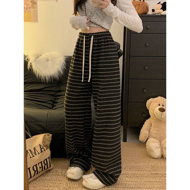 加绒加厚休闲阔腿裤女秋冬新款小个子复古条纹高腰显瘦直筒拖地裤,女装/女士精品,休闲裤,淘宝优惠券,粉丝福利购,淘宝优惠卷
