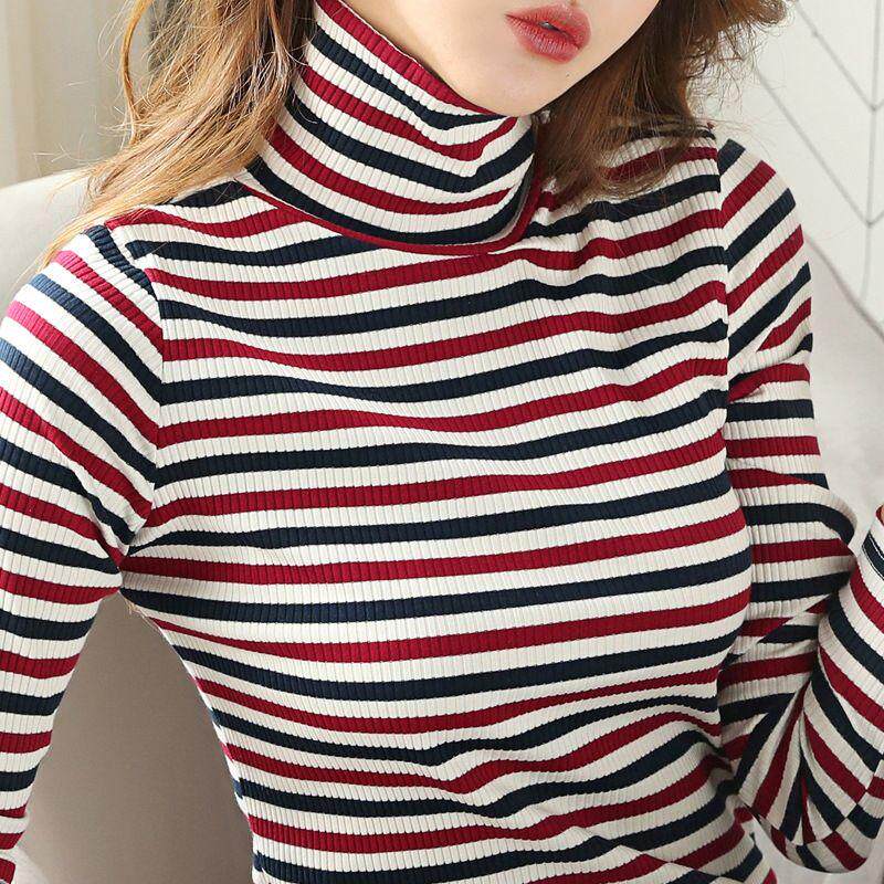 纯棉高领条纹长袖t恤女新款休闲韩版ins上衣服百搭气质修身打底衫,女装/女士精品,T恤,淘宝优惠券,粉丝福利购,淘宝优惠卷