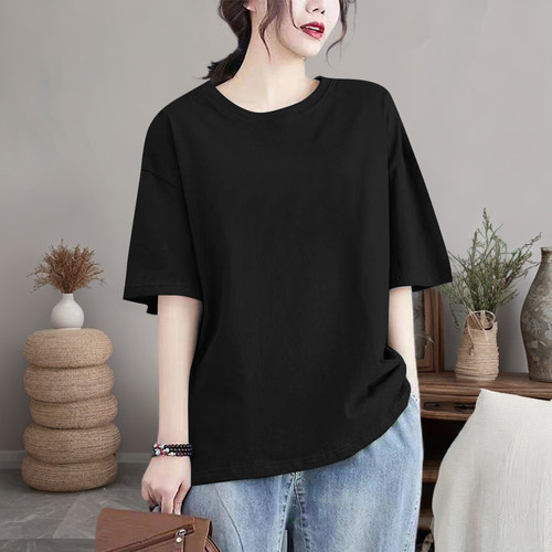 100%纯棉宽松半袖上衣纯色短袖T恤女百搭圆领打底衫韩版大码体恤
