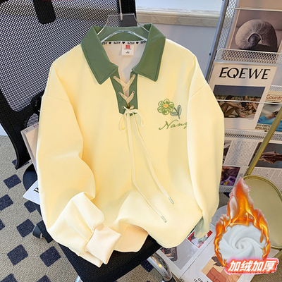 加绒大码polo领卫衣女设计感小众翻领长袖上衣宽松胖MM300斤外套