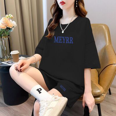 大码显瘦短袖套装女夏季宽松韩版学生短裤时尚休闲运动两件套跑步