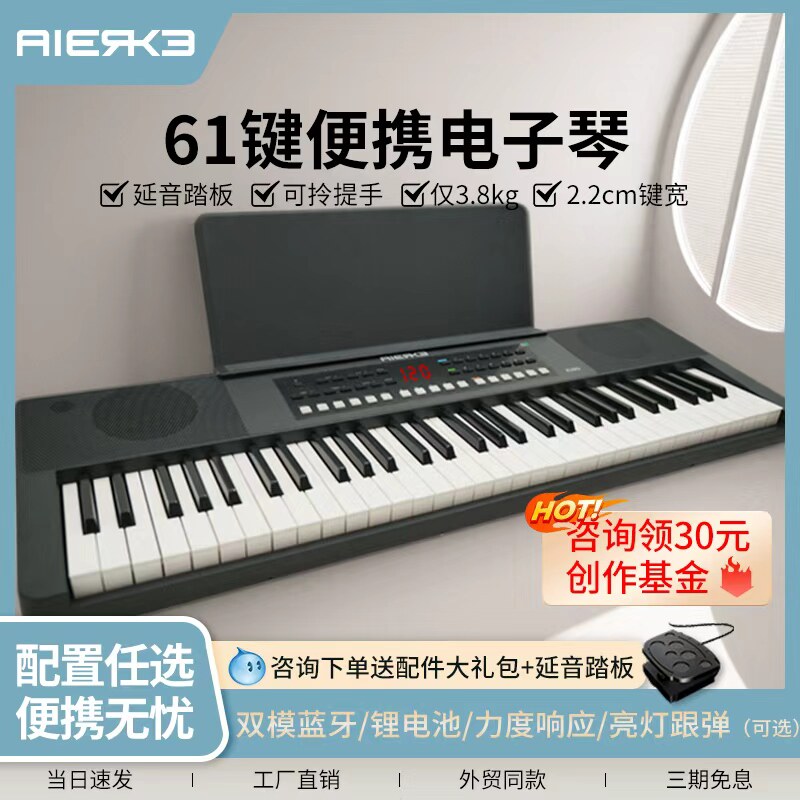 爱尔科电子琴初学者61键便携式入门专业考级成年幼师儿童教学K190