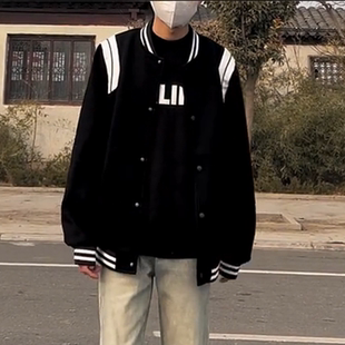 潮牌拼接皮夹克男士 毛尼外套痞帅显瘦黑色韩版 棒球服 网红同款 春季