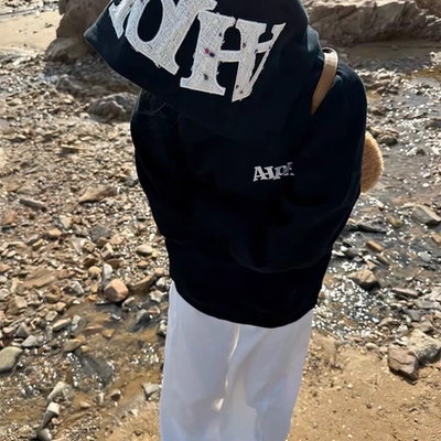 春季美式复古字母刺绣连帽卫衣男女宽松百搭情侣学生痞帅外套黑色