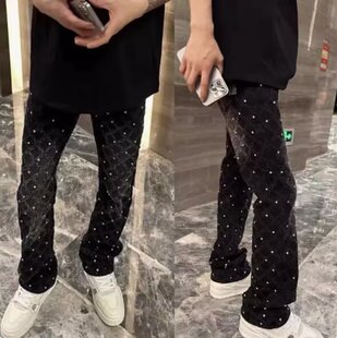 男生潮流显瘦显高黑色长裤 高街满天星柳钉烫钻微喇牛仔裤 美式 春季
