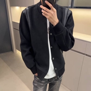 美式 高级感拼皮纯黑褂子潮男生宽松拼色百搭夹克外套青少年棒球服