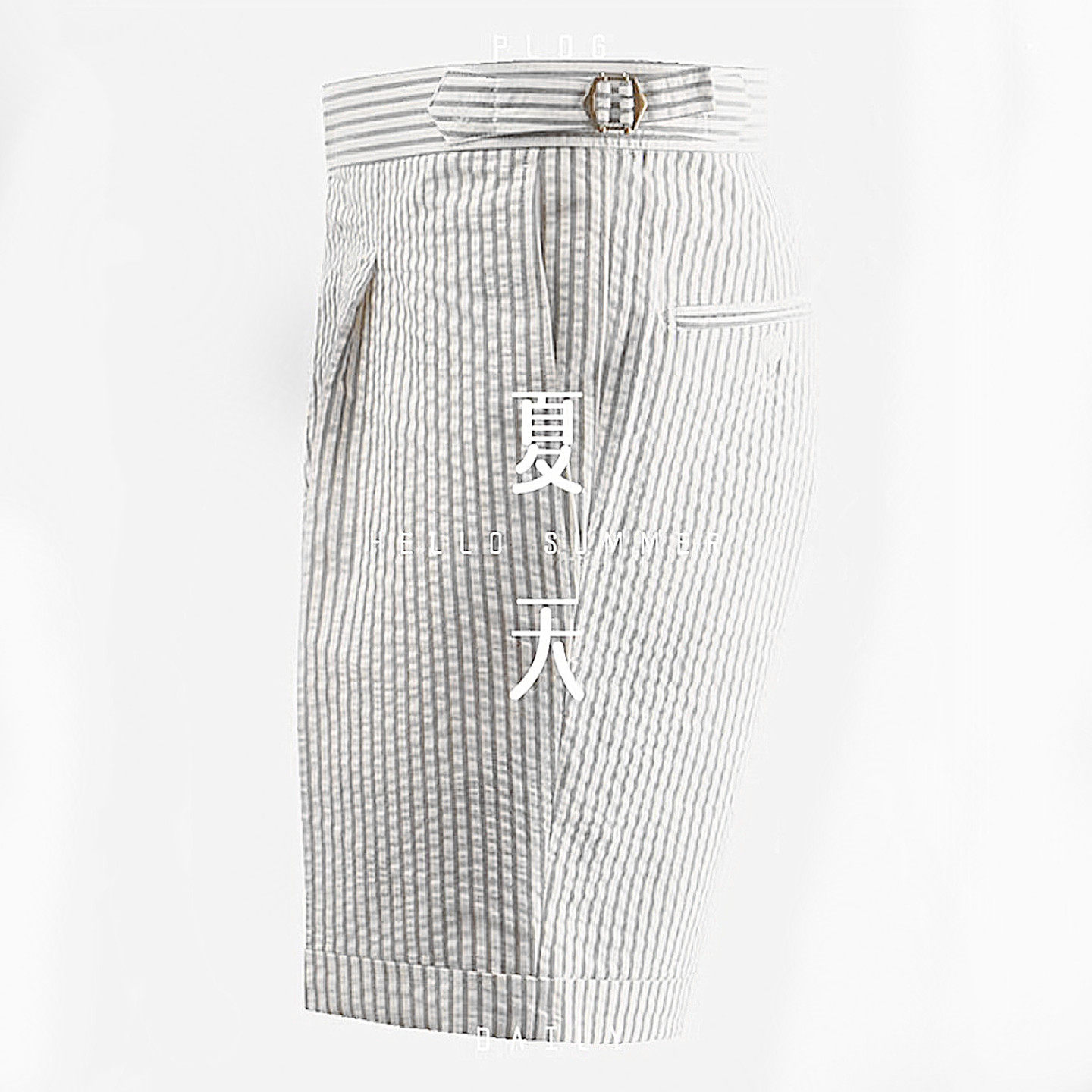 潮男条纹泡泡纱修身西装五分短裤