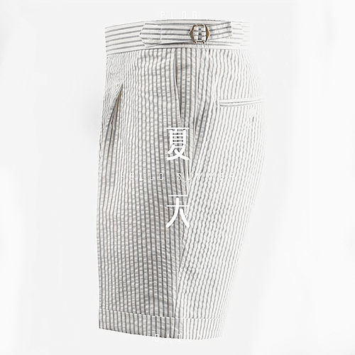 潮男条纹泡泡纱修身西装五分短裤
