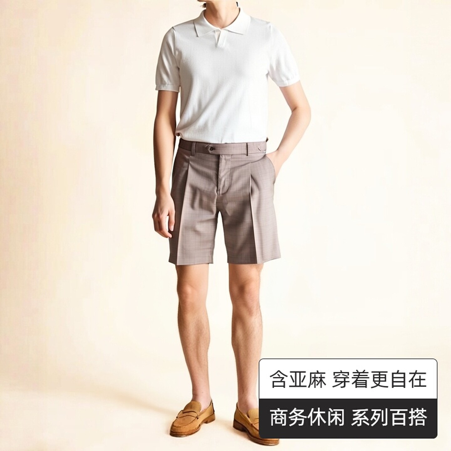 夏季潮男浅驼色亚麻中腰短裤