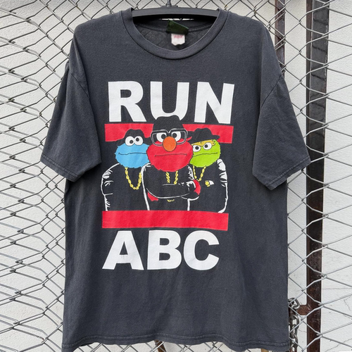 RUN ABC美式街头卡通vintage古着涂鸦chic嘻哈潮牌质感短袖T恤棉