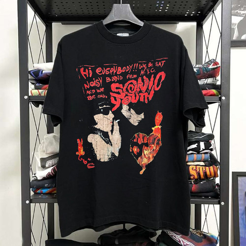 Sonic Youth乐队美式高街涂鸦字体短袖T恤ore哥特风暗黑重磅棉tee