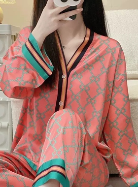 桑蚕丝真丝睡衣女春夏秋季2026年新款印花长袖大码菱形格子家居服