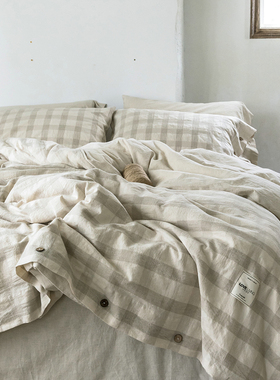 北欧格子亚麻四件套进口苎麻被套床单纯棉水洗棉麻床笠款床上用品