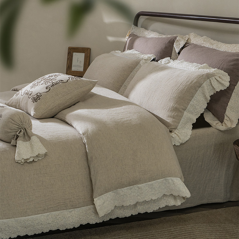 法式复古亚麻棉四件套简约纯色水洗棉麻床上用品进口麻棉床单被套
