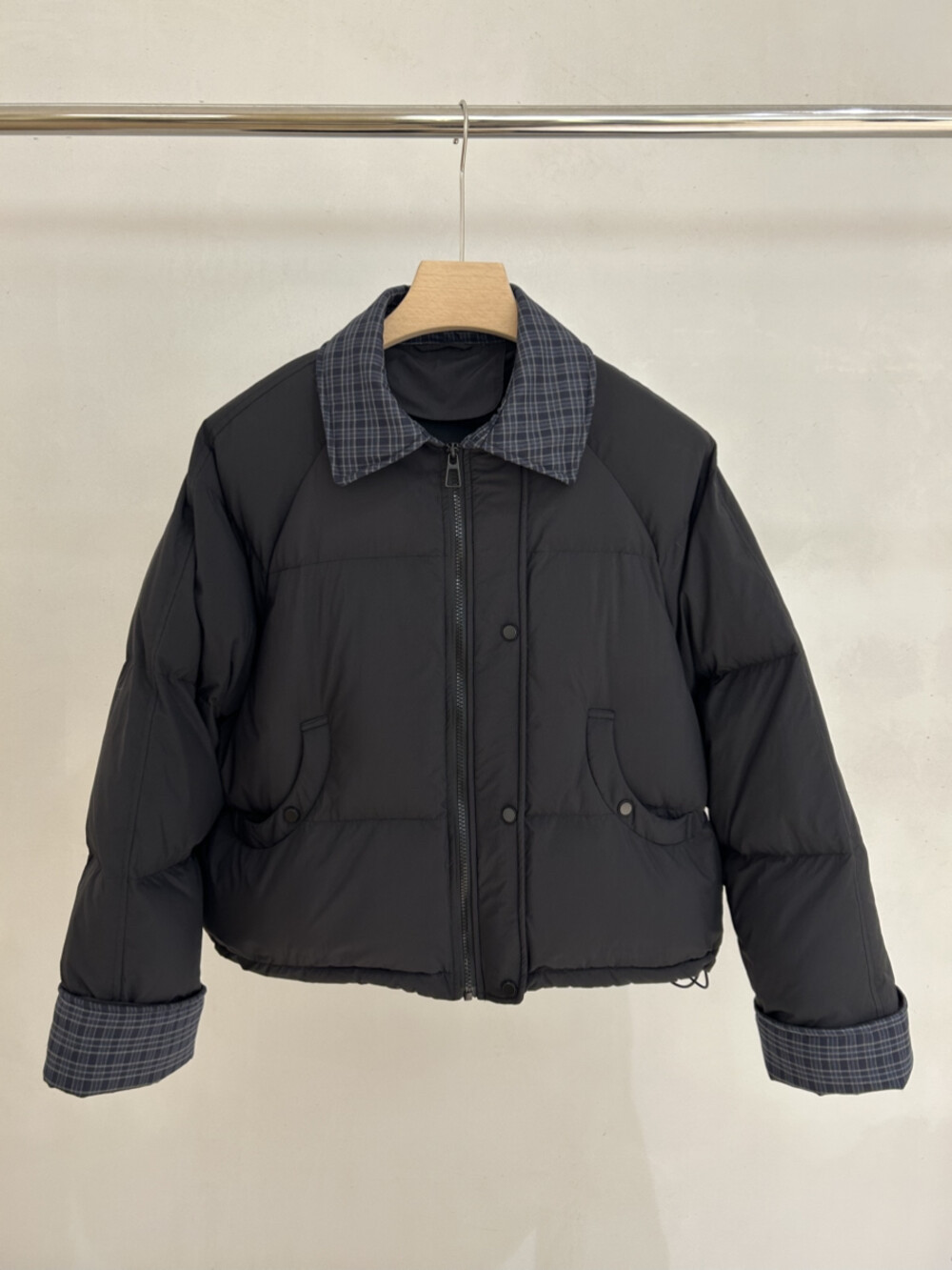 【漫步茶茶】717韩系翻领格纹气质时尚拼接保暖羽绒服外套90绒