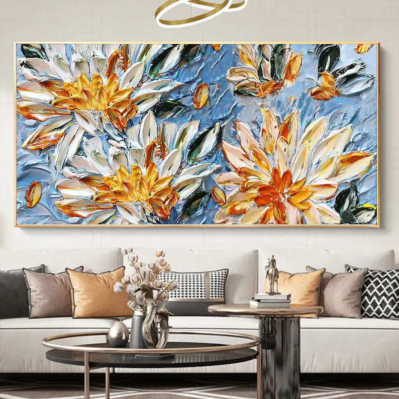 大芬村手绘油画轻奢抽象花卉肌理立体厚油客厅挂画卧室横版装饰画图片
