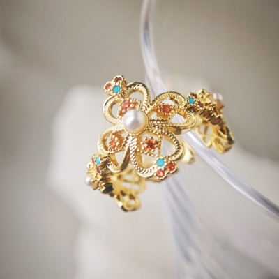 轻奢复古宫廷风彩钻珍珠滴油戒指女重工气质独特时尚潮流指环戒子