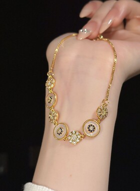 高级感天然贝母微镶锆石手链 宫廷异域风抽拉手环手饰 18K真金电