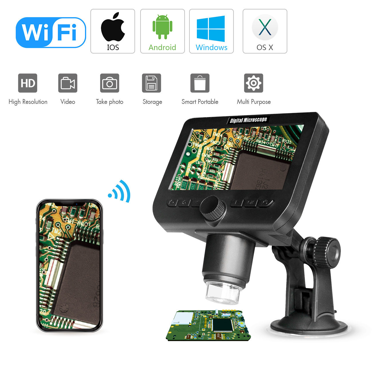wifi带屏一体显微镜 1000X 电子高清手机显微镜 手机显示屏同步