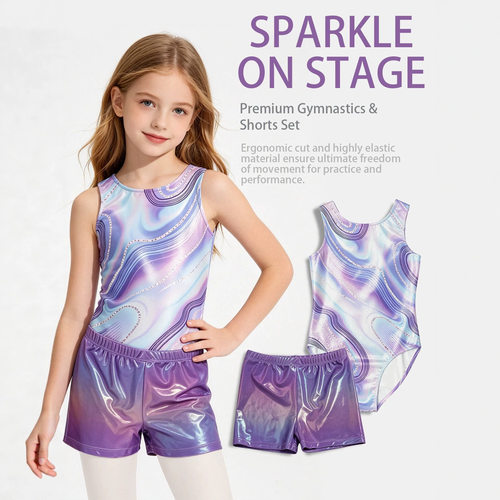亚马逊女童舞蹈体操服套装/速干高弹烫金大理石连体练功服Leotard