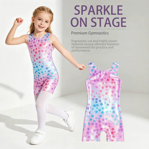 亚马逊女童平角体操服亮面星星印花连体练功服速干高弹Leotard