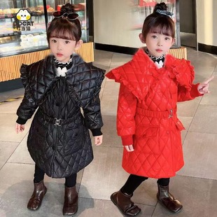 女童加绒棉衣外套冬装2025新款韩娃娃领中长款轻便收腰洋气外套潮