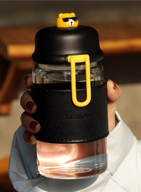 小熊透明玻璃杯简约可爱水杯女生高颜值小巧迷你便携学生防烫杯子