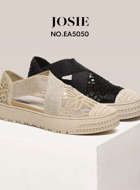 澳洲EVERAU女鞋单鞋小香风渔夫鞋凉鞋一脚蹬松紧带拼接蕾丝EA5050