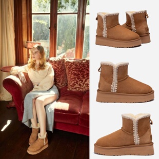 澳洲直邮OZWEAR棉靴编织厚底增高雪地靴女羊皮毛一体加厚保暖短靴