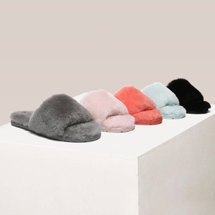 澳洲EVERAU毛毛拖鞋纯羊毛一字拖居家外出毛绒拖鞋皮毛一体EA2049